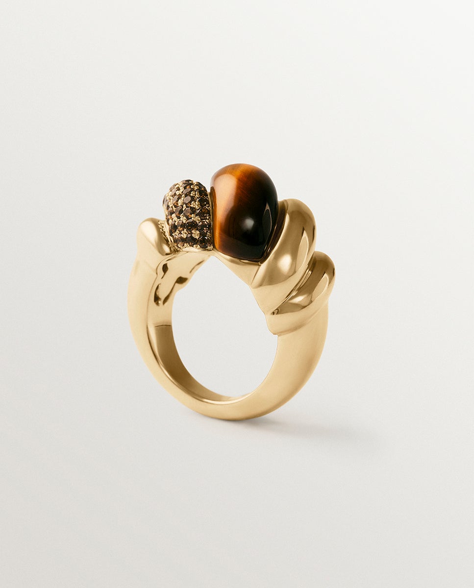 Anel de Prata 925 com Banho de Ouro Amarelo de 18k, Quartzos Fumê e Olho de Tigre Castanho-claro-5