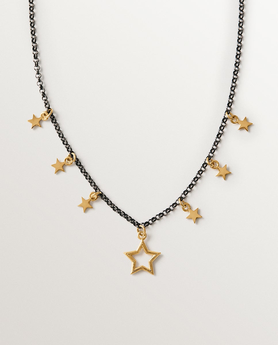 Imagem 0 de Corrente com Pingente Bicolor de Prata 925 Banhada em Ouro Amarelo de 18k com Motivos de Estrela