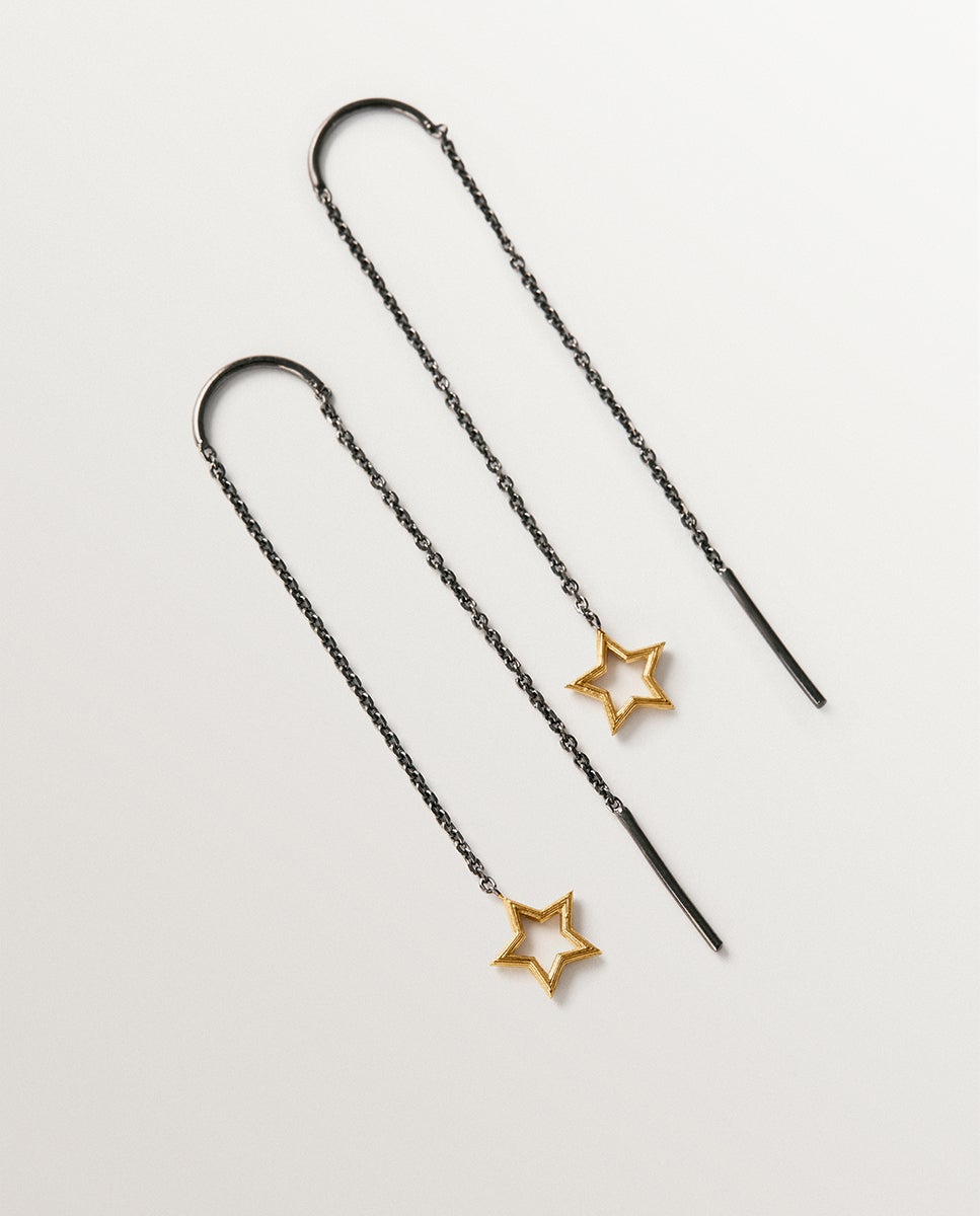 Brincos Bicolor de Prata 925 Banhados em Ouro Amarelo de 18k com Forma de Estrela Dourado-3