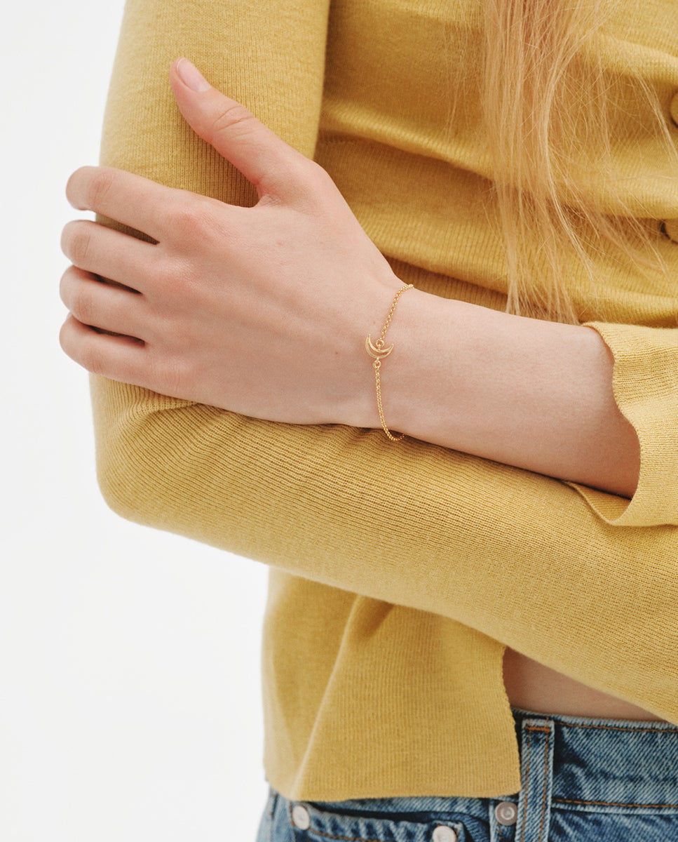Pulseira de Corrente de Prata 925 Banhada em Ouro Amarelo de 18k com Forma de Lua Dourado-2