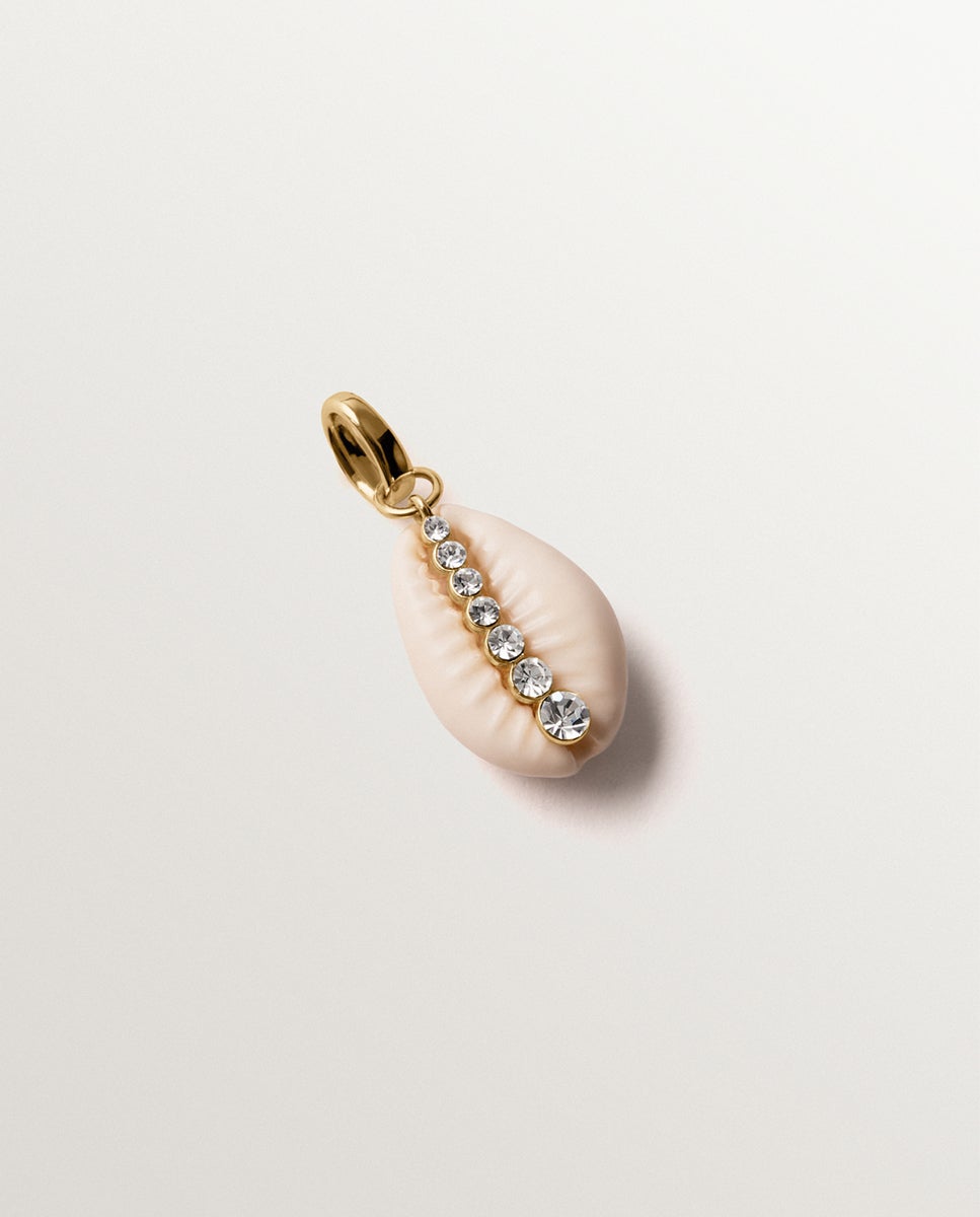 Charm de Prata 925 Banhada em Ouro Amarelo de 18k com Concha Branca e Cristais Transparente-1