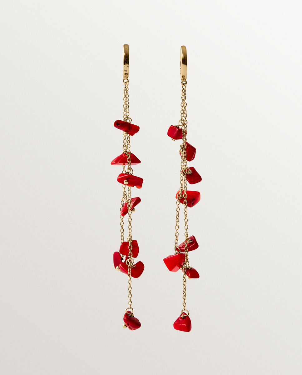 Brincos Compridos de Prata 925 Banhada em Ouro Amarelo de 18k com Coral Vermelho Dourado-1