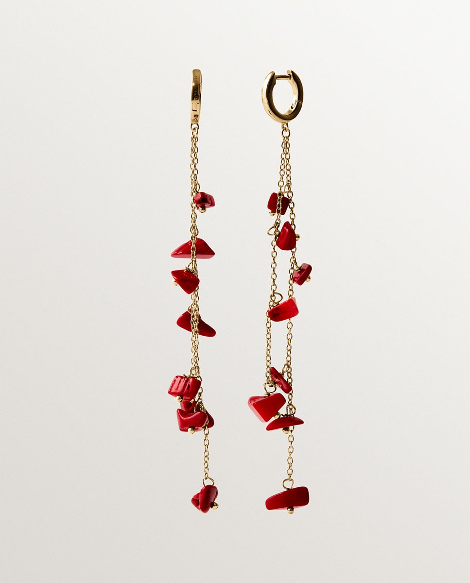Brincos Compridos de Prata 925 Banhada em Ouro Amarelo de 18k com Coral Vermelho Dourado-2
