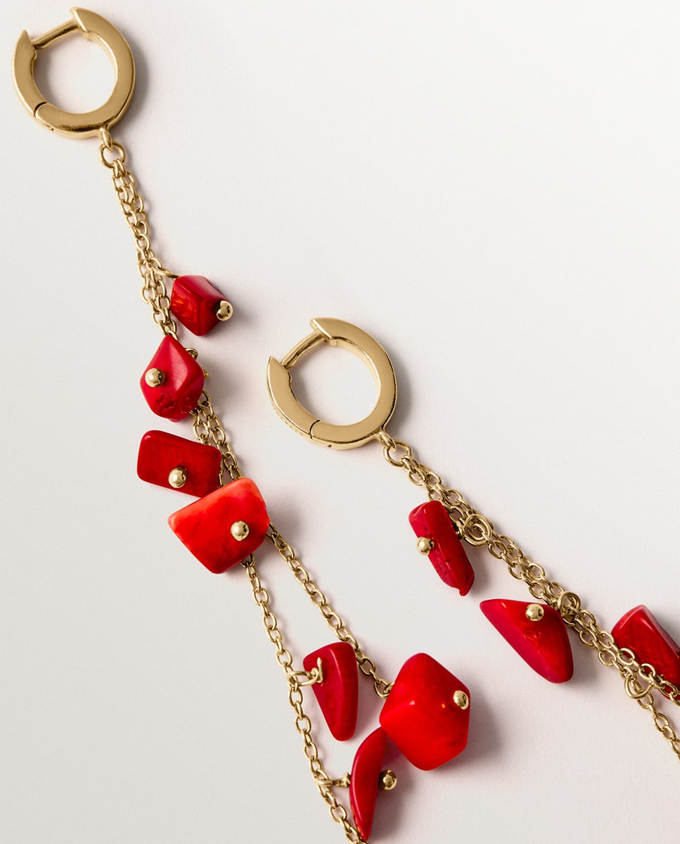 Brincos Compridos de Prata 925 Banhada em Ouro Amarelo de 18k com Coral Vermelho Dourado-3