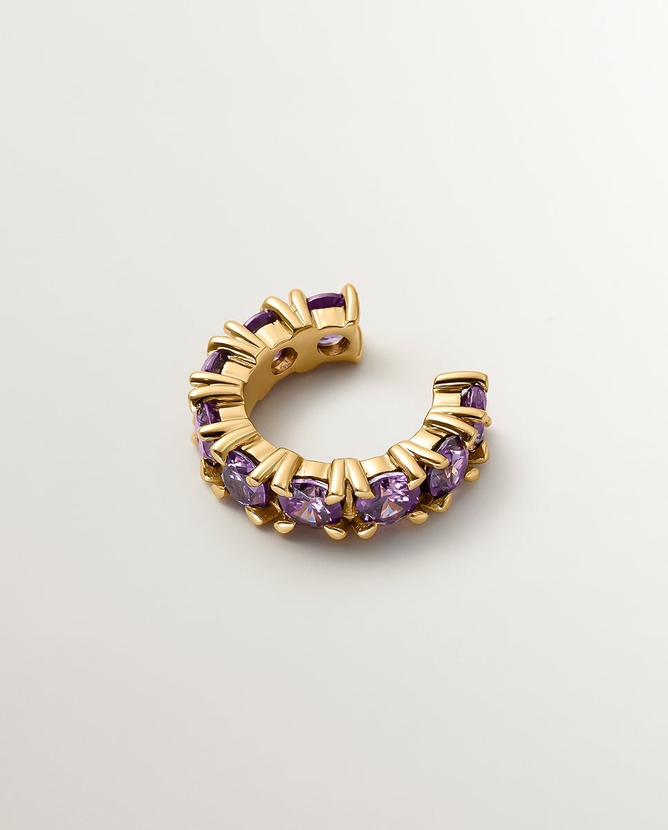 Earcuff Banhado em Ouro Amarelo com Cristais Roxos Dourado-2