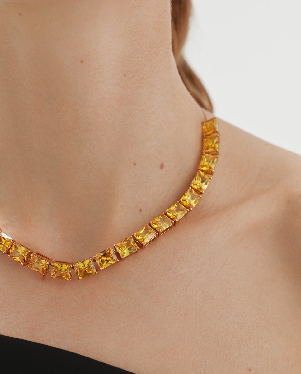 Colar Banhado a Ouro Amarelo com Cristais Amarelos Dourado-2