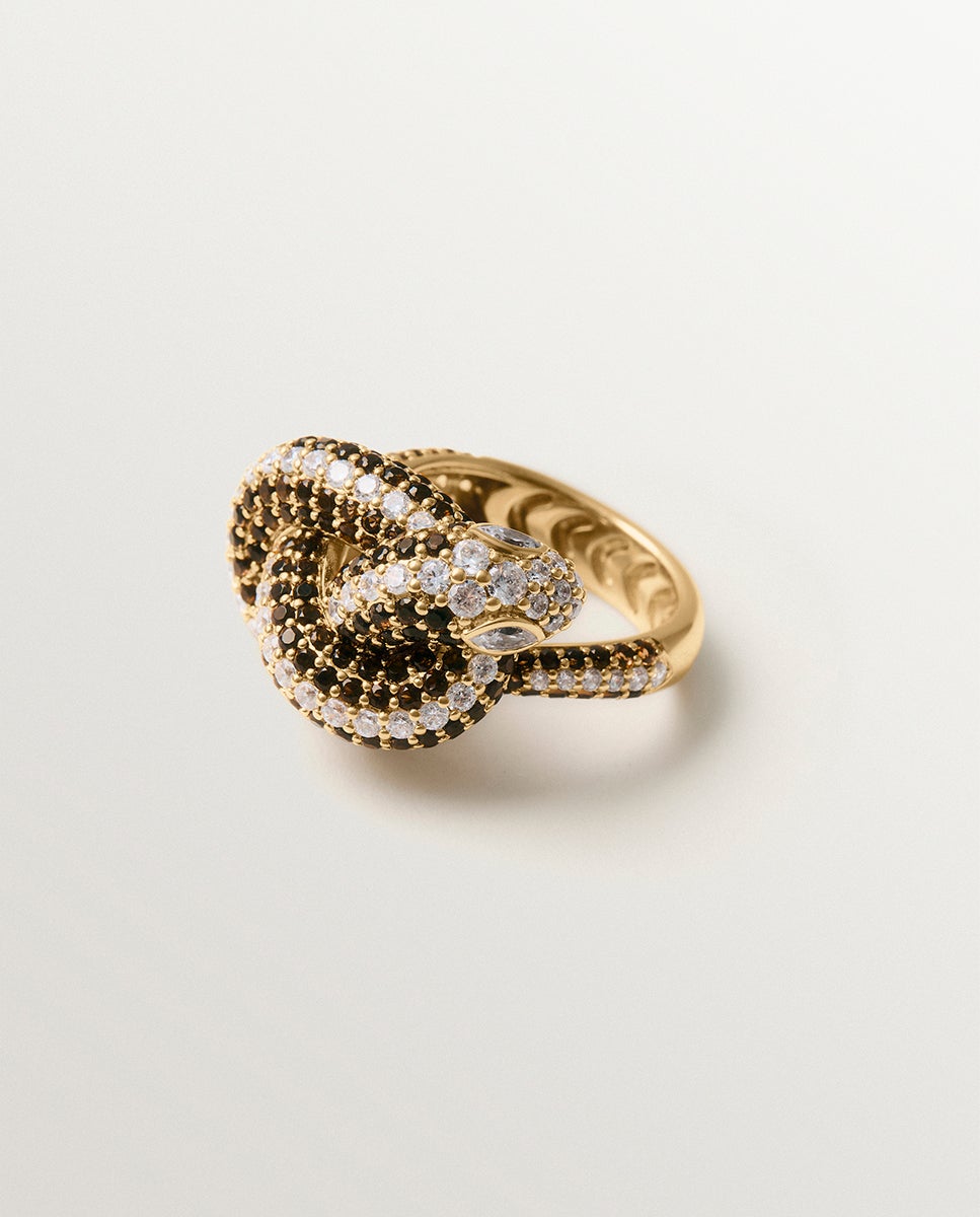 Anel Banhado a Ouro Amarelo com Forma de Serpente e Cristais Branco-3