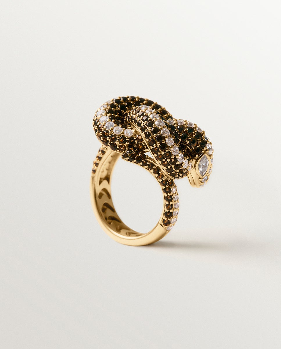 Anel Banhado a Ouro Amarelo com Forma de Serpente e Cristais Branco-5
