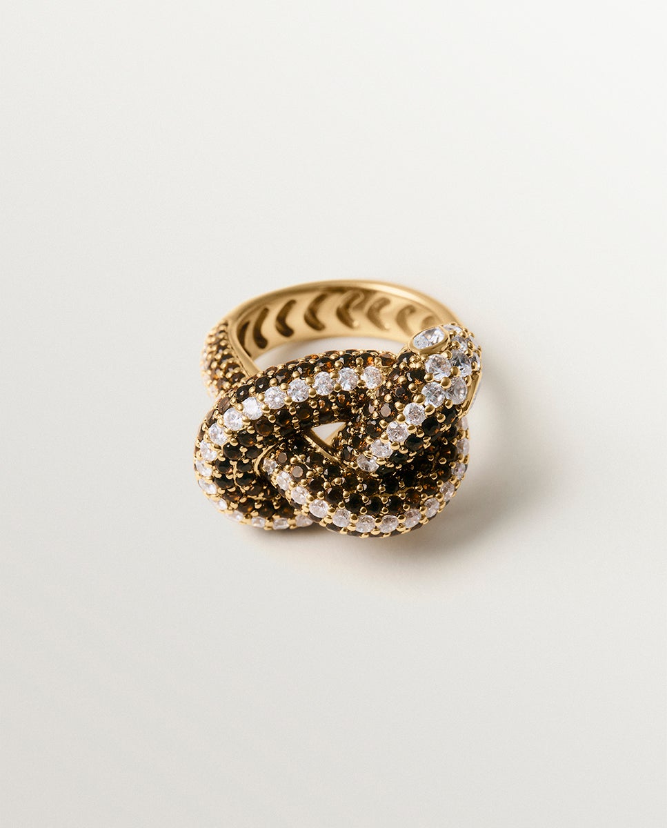 Anel Banhado a Ouro Amarelo com Forma de Serpente e Cristais Branco-7