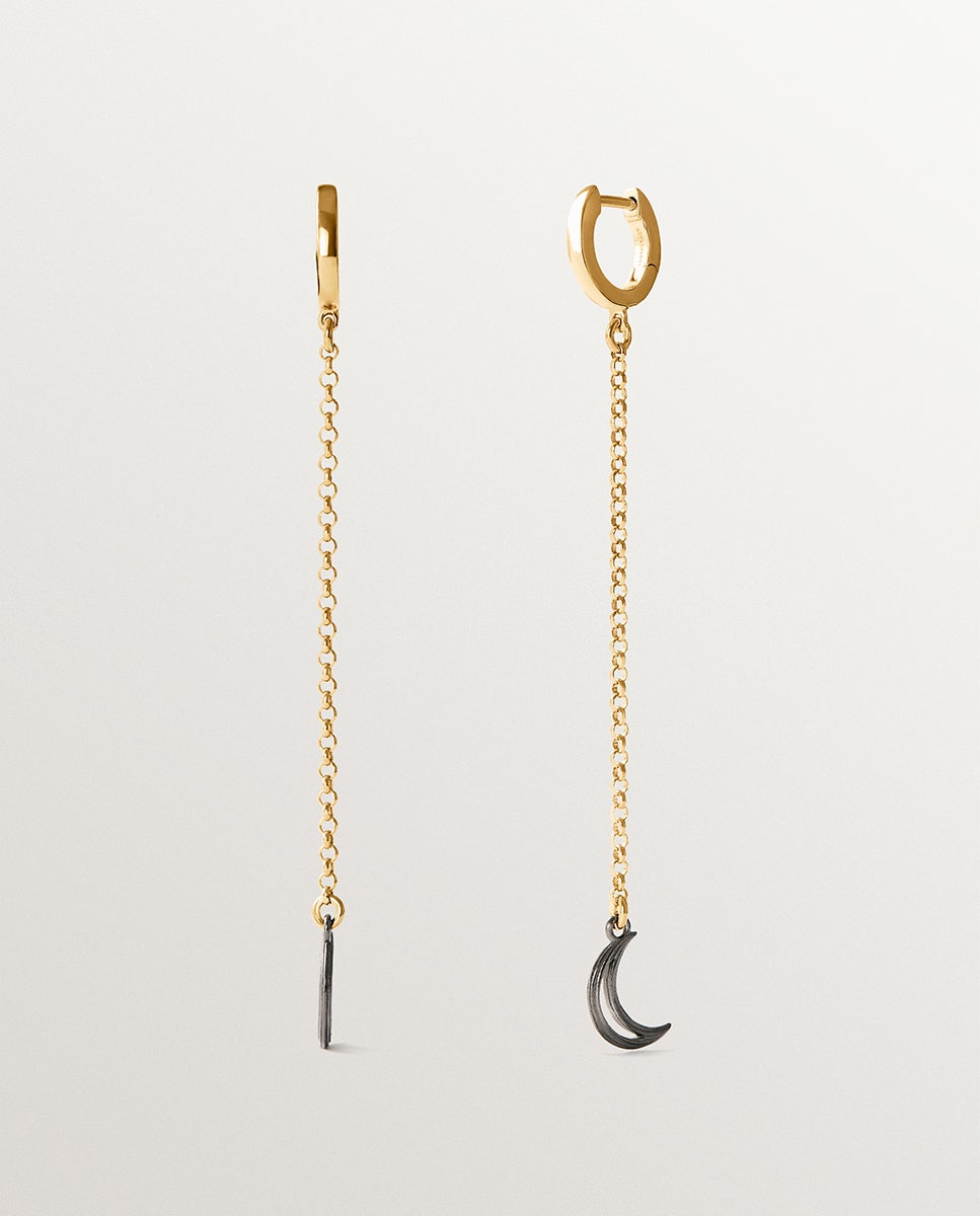 Brincos Bicolor de Prata 925 Banhados em Ouro Amarelo de 18k com Forma de Lua Preto-3