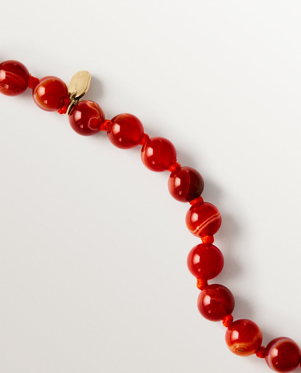 Colar de Prata 925 Banhado a Ouro de 18k com Bolas de Ágata em Vermelho Dourado-3