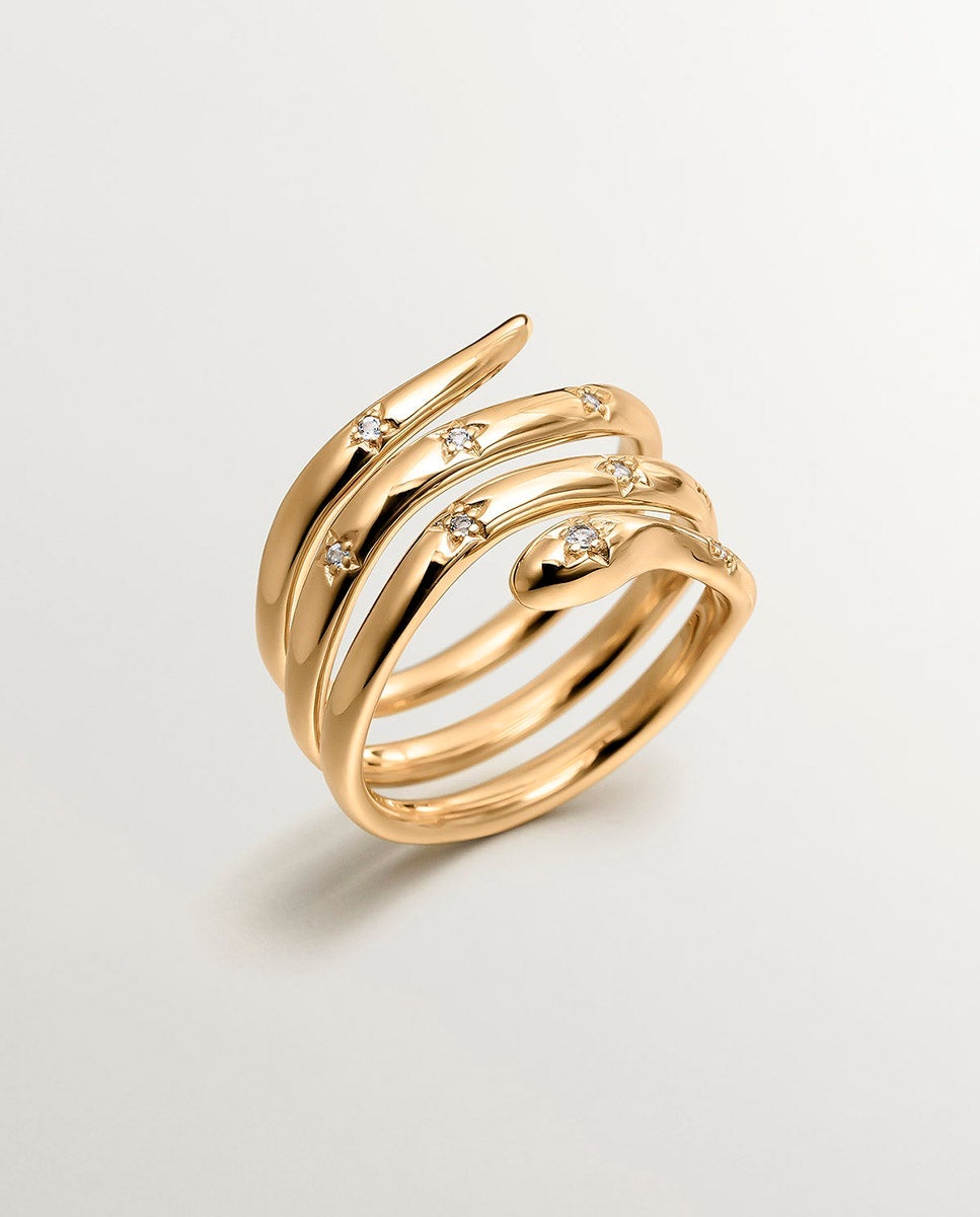 Imagem 0 de Anel Triplo de Prata 925 Banhada em Ouro Amarelo de 18k com Forma de Serpente e Topázios Brancos