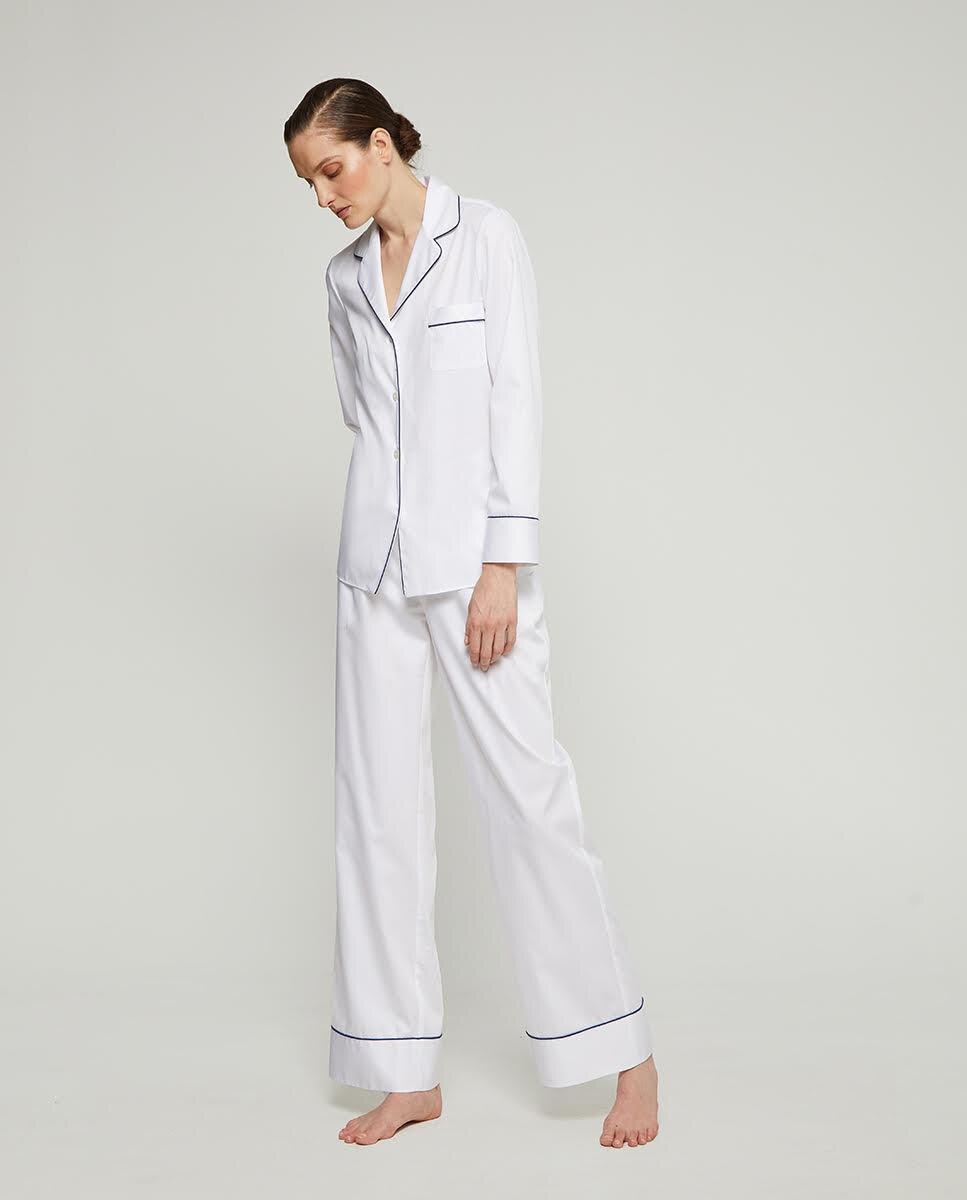 Pijama Completo Comprido Liso de Algodão Branco-3