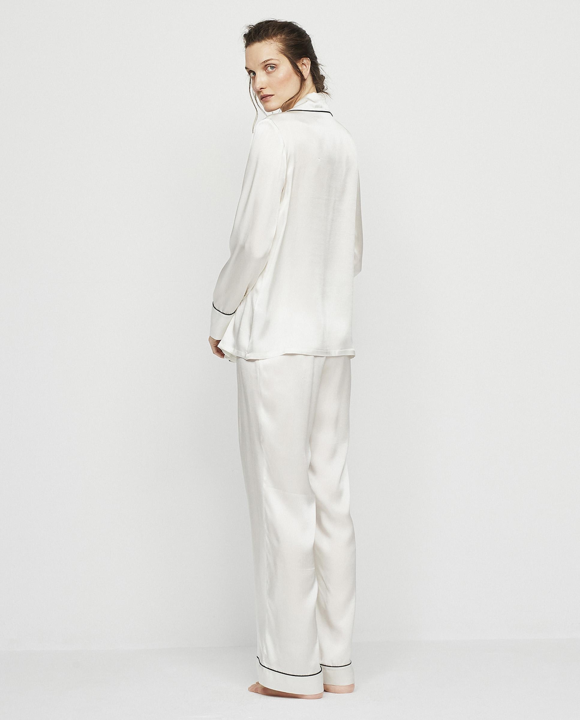 Pijama Completo Comprido Liso de Seda Elástica Branco-2