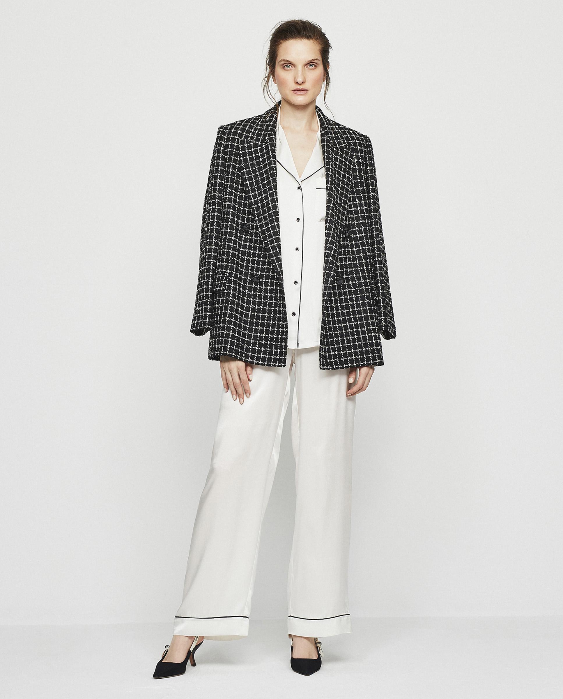 Pijama Completo Comprido Liso de Seda Elástica Branco-3