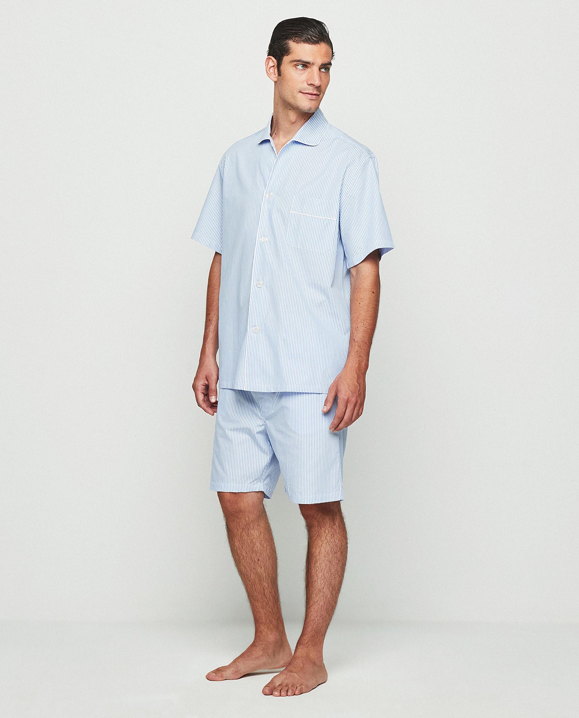 Pijama Curto de Algodão Às Riscas em Azul Azul-1