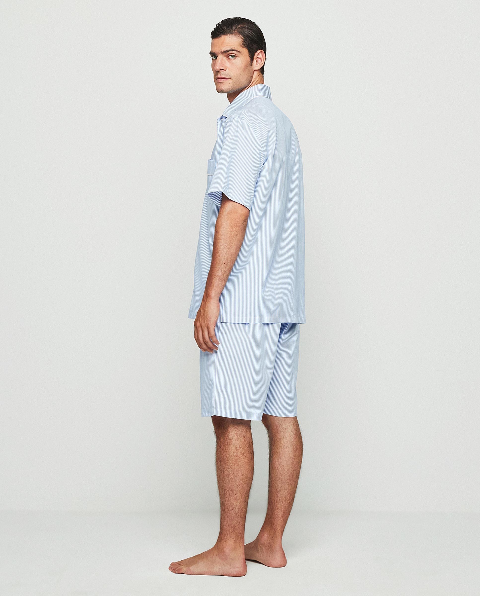 Pijama Curto de Algodão Às Riscas em Azul Azul-2