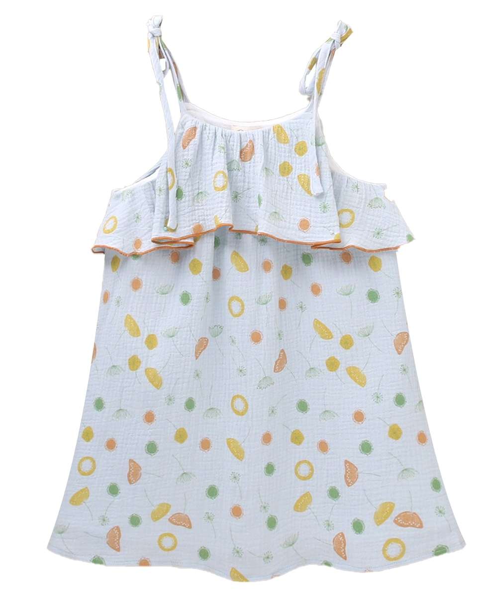 Vestido Infantil em Bambula com Estampado Azul-claro-1
