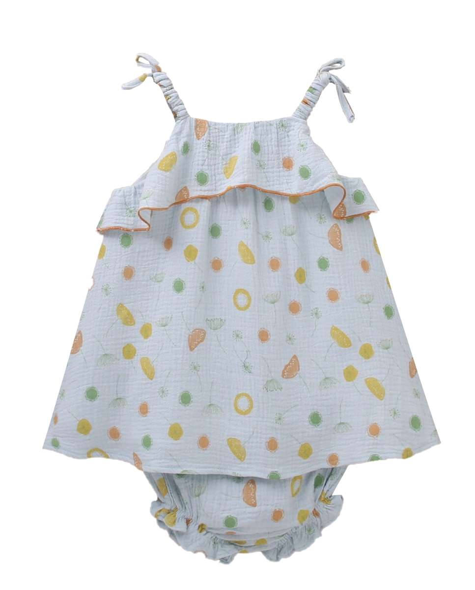 Vestido para Bebé em Bambula com Estampado e Gola em Conjunto Azul-claro-1