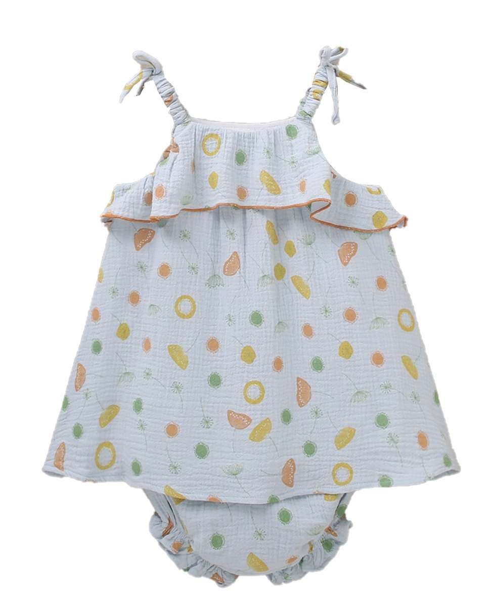 Vestido para Bebé em Bambula com Estampado e Gola em Conjunto Azul-claro-2