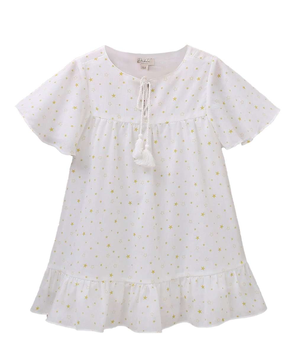 Vestido Infantil com Estampado de Estrelas Dadati Branco/Amarelo-1