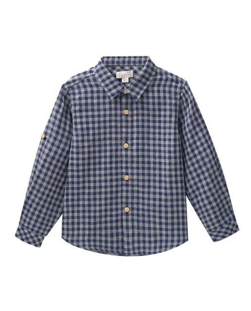 Camisa vichy azul e cinzenta de manga comprida para menino