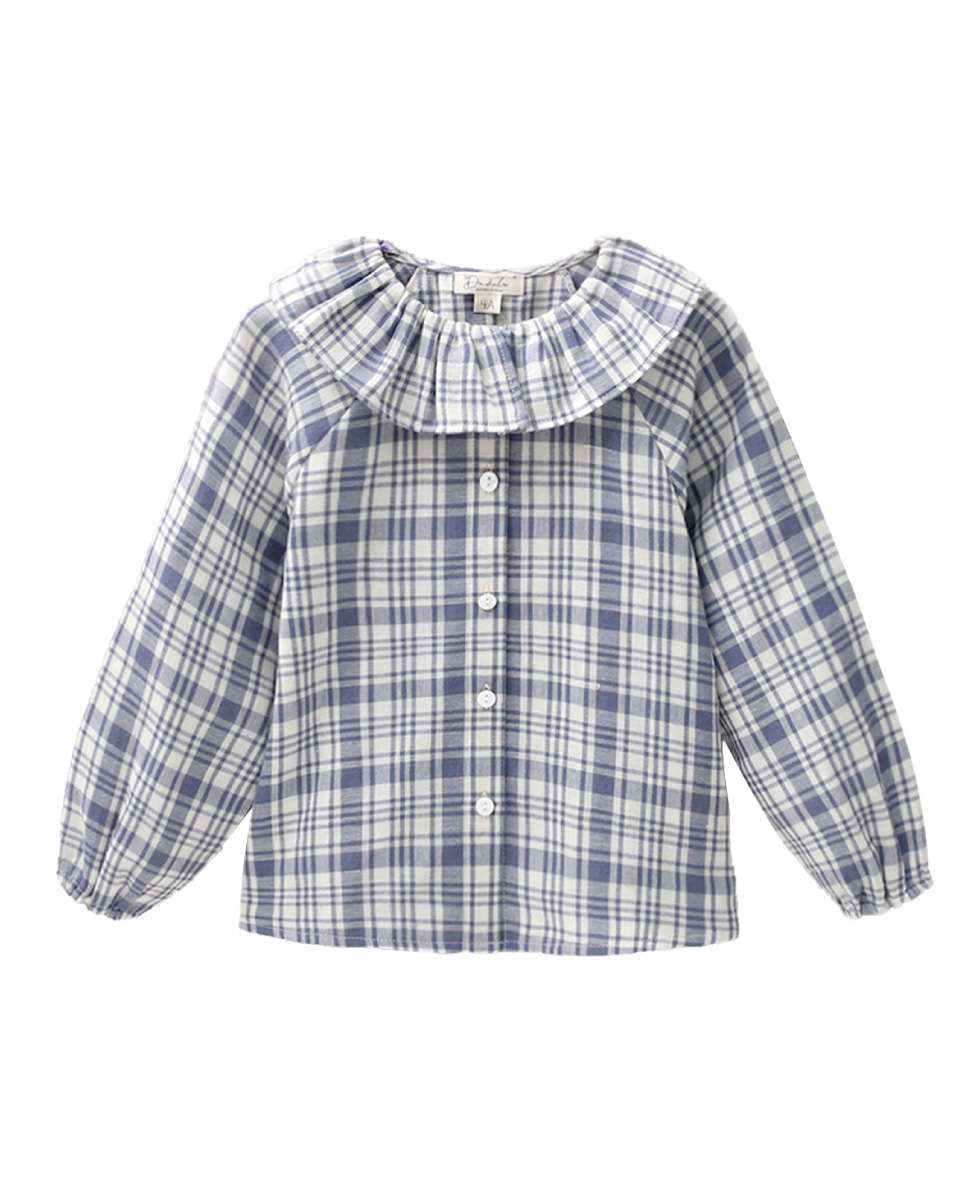 Imagem 0 de Blusa Aos Quadrados em Azul Infantil com Folho na Gola