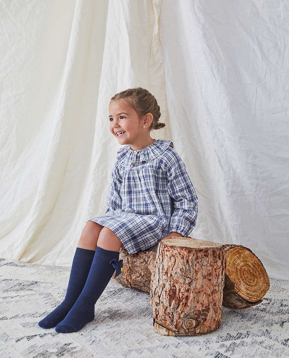 Imagem 0 de Vestido Aos Quadrados em Azul com Folho na Gola