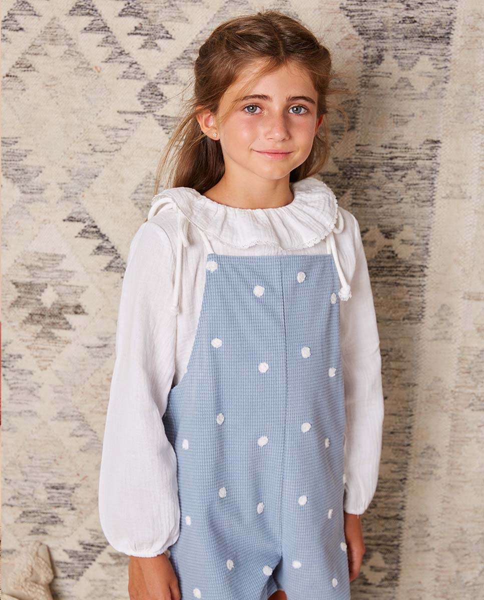 Imagem 0 de Jardineiras Infantil de Bolinhas com Alças de Cordas em Contraste