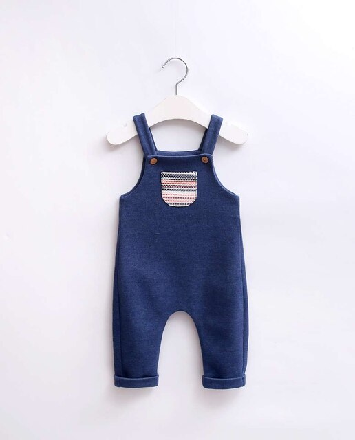 Jardineiras para bebé menino em azul com bolso étnico
