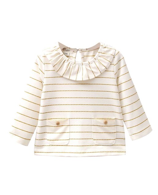 T-shirt para bebé menina com riscas mostarda e gola com folhos