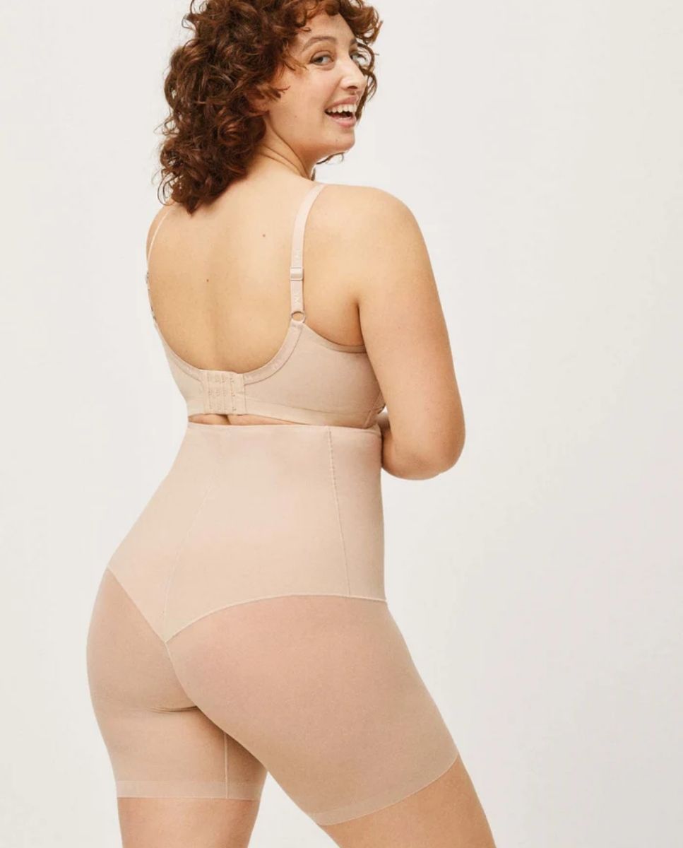 Cueca Redutora Alta Abdominal de Tecido de Tule Compressão Média Nude-2