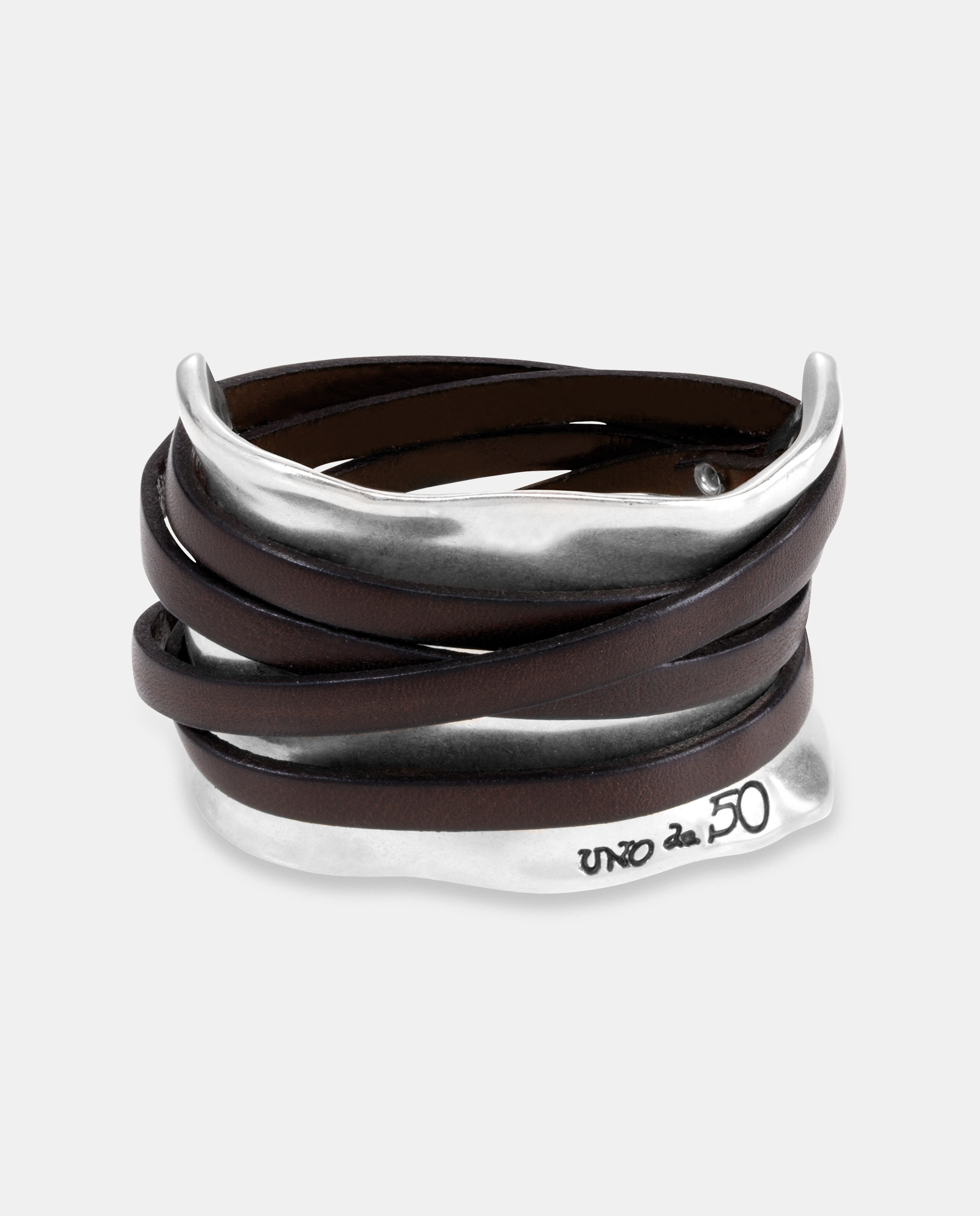 Pulseira Banhada em Prata de Lei com Tiras de Couro Prata-1