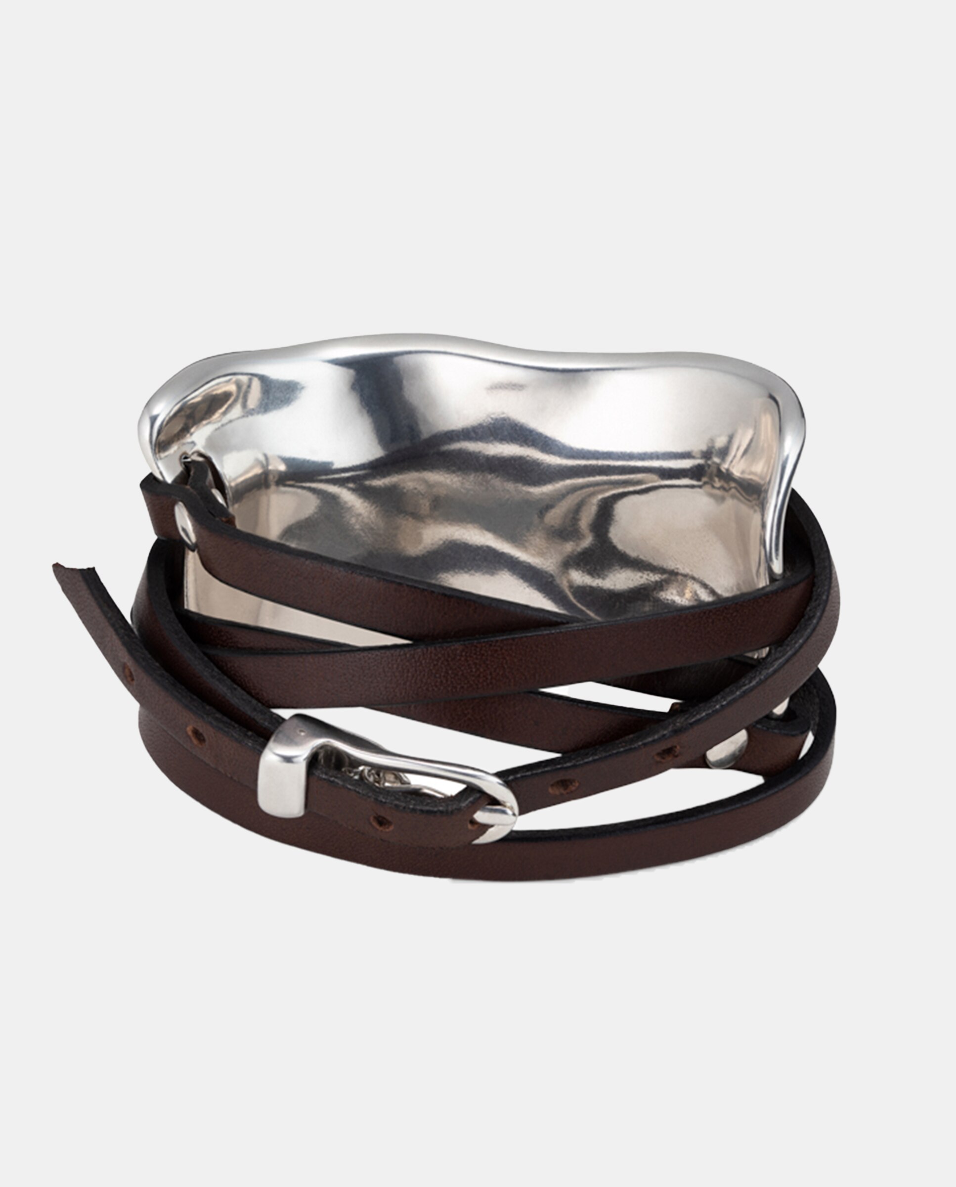 Pulseira Banhada em Prata de Lei com Tiras de Couro Prata-2