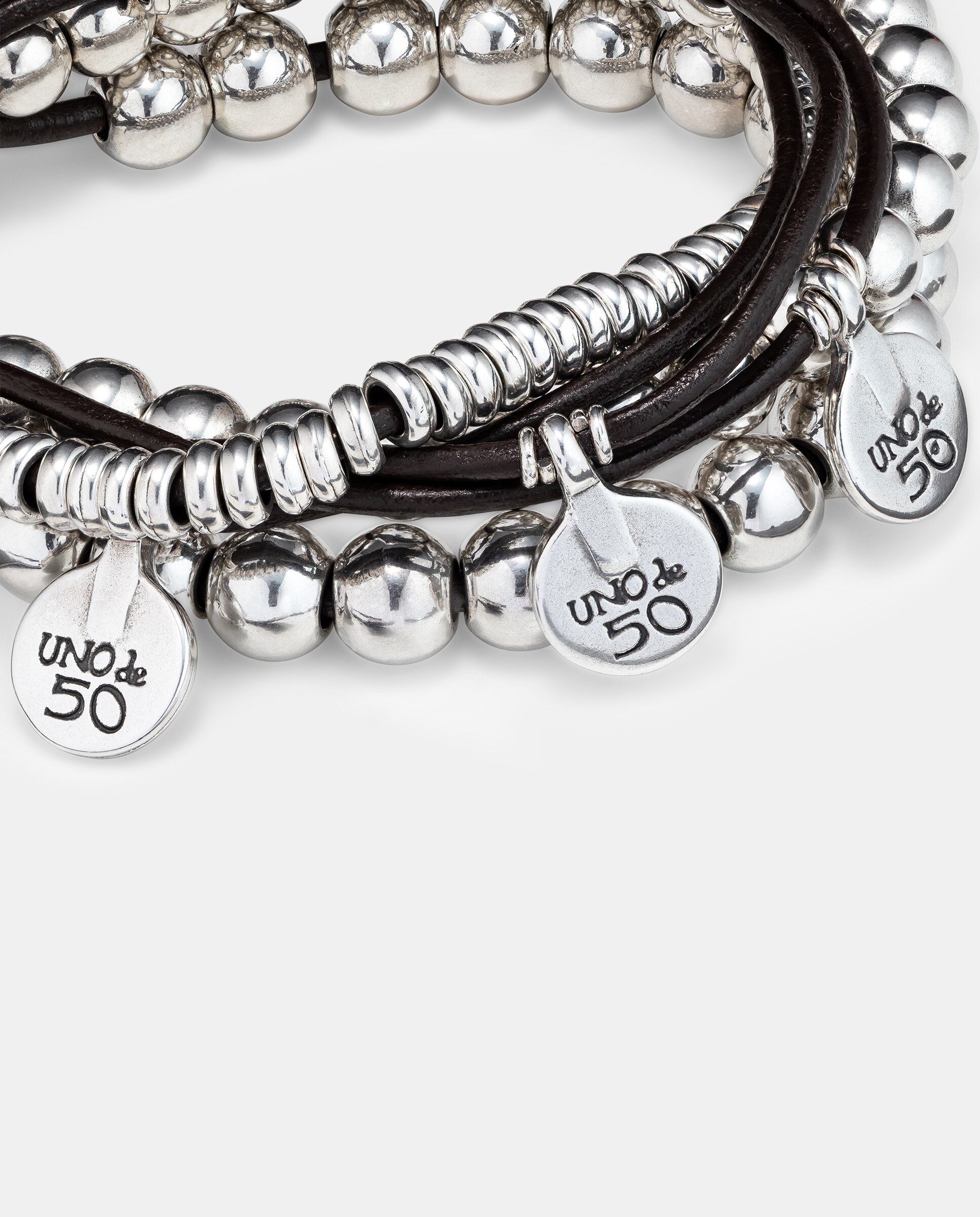 Pulseira de Couro Banhada em Prata de Lei Prata-2