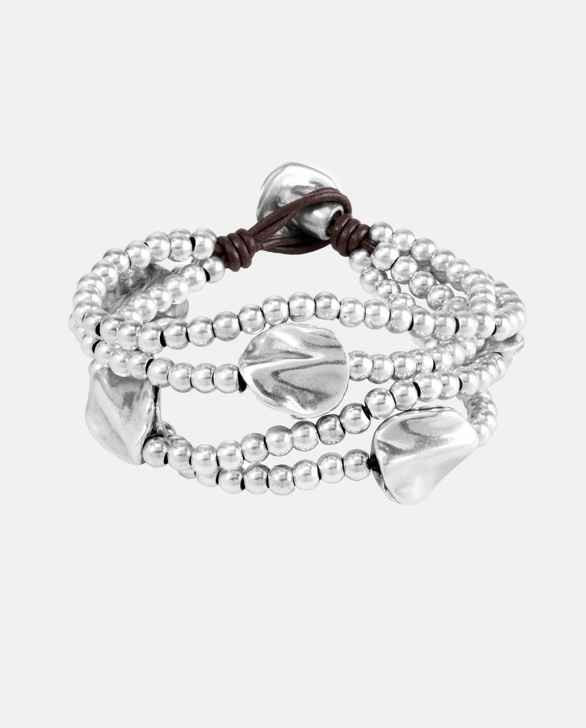 Pulseira de Três Voltas de Couro e Detalhes Banhada em Prata de Lei Prata-1