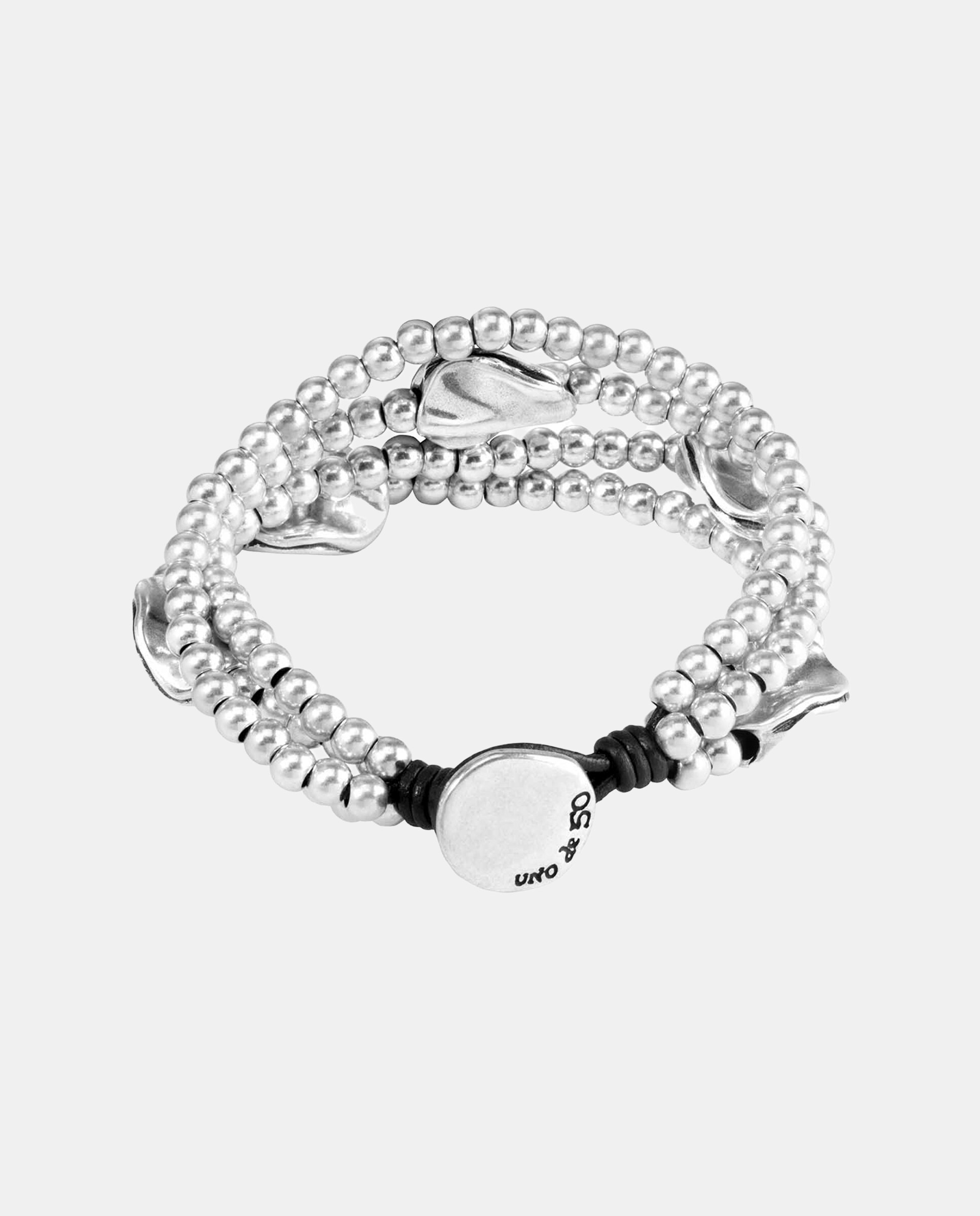 Pulseira de Três Voltas de Couro e Detalhes Banhada em Prata de Lei Prata-3