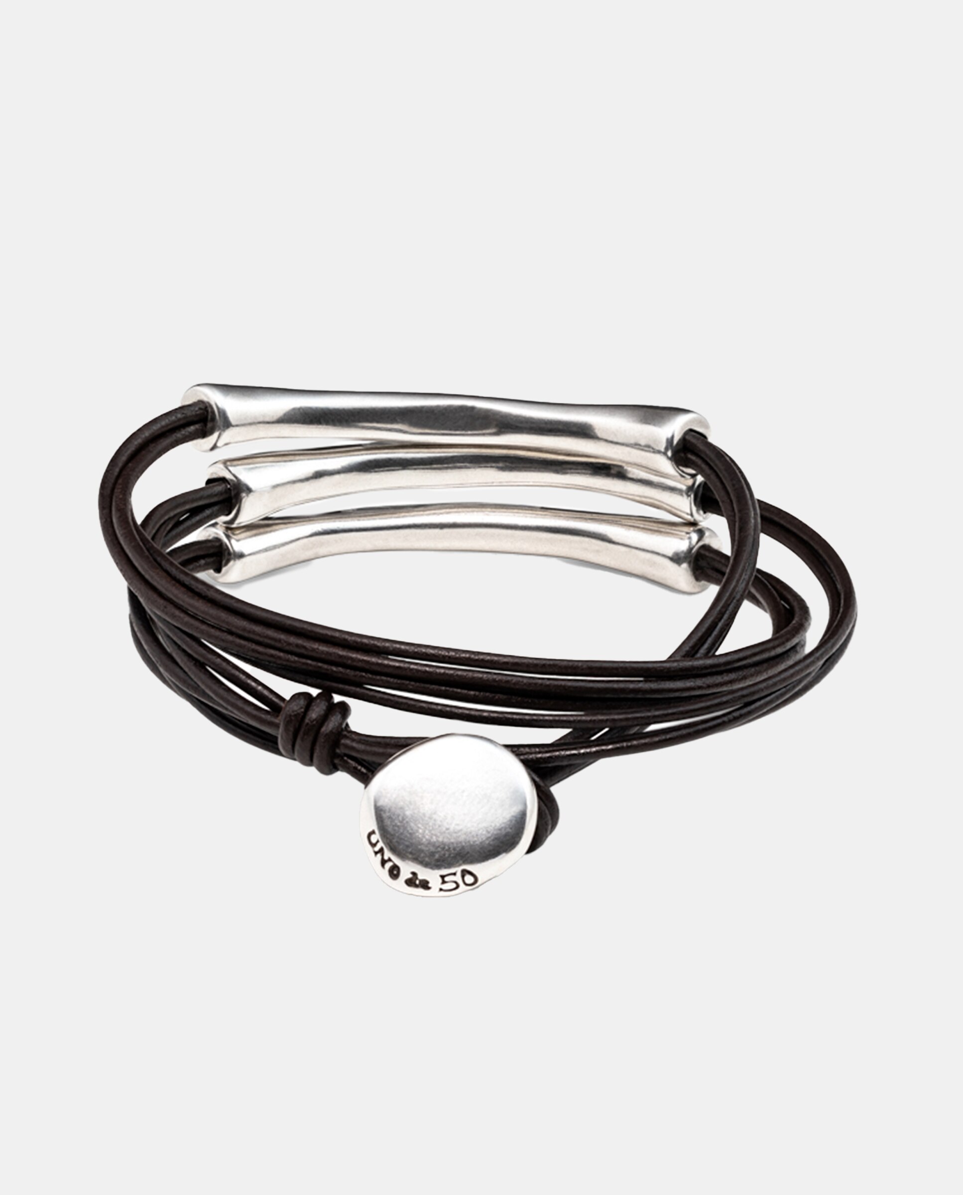 Pulseira de Couro Banhada em Prata de Lei Prata-3