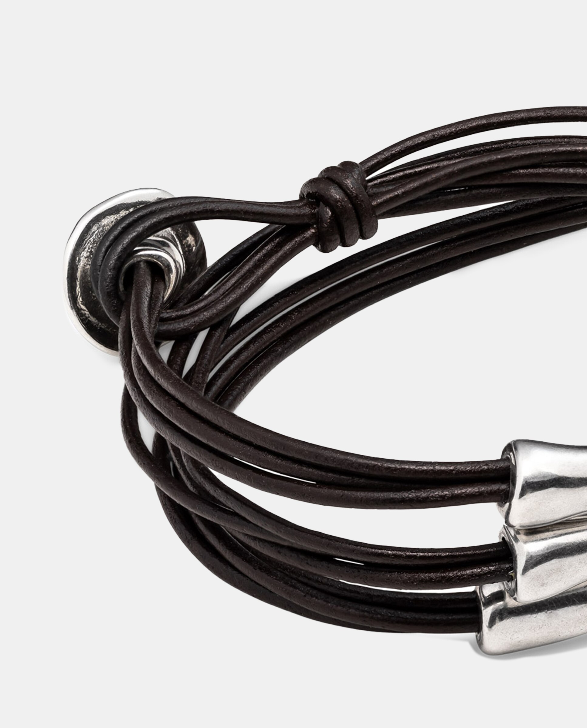 Pulseira de Couro Banhada em Prata de Lei Prata-4