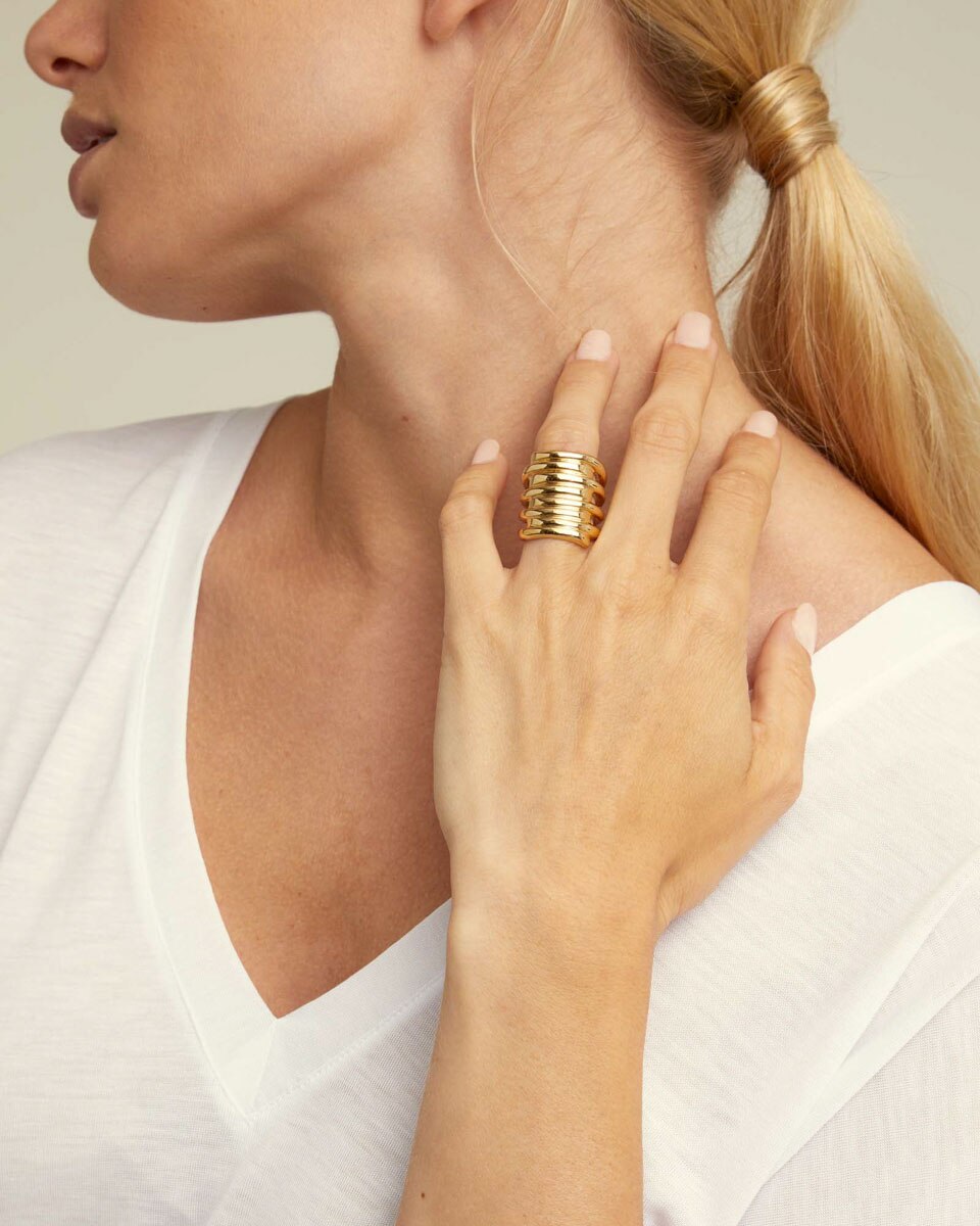 Anel com Efeito Empilhado Banhado a Ouro de 18k Ouro-4
