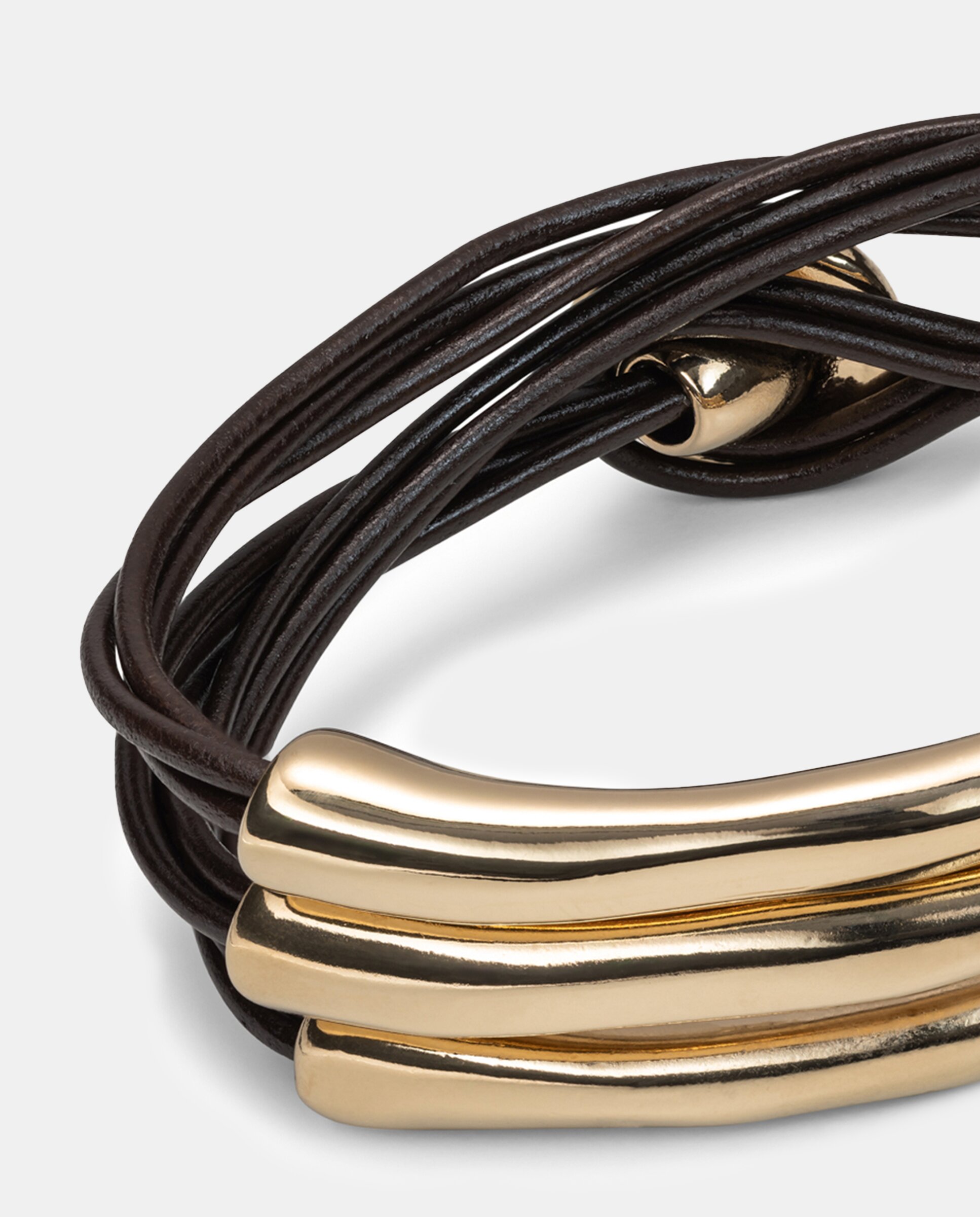 Pulseira de Três Voltas de Couro Banhada a Ouro 18k Ouro-3