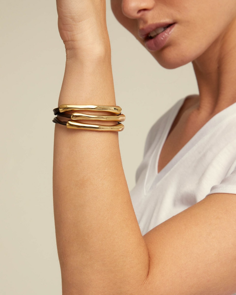 Pulseira de Três Voltas de Couro Banhada a Ouro 18k Ouro-4