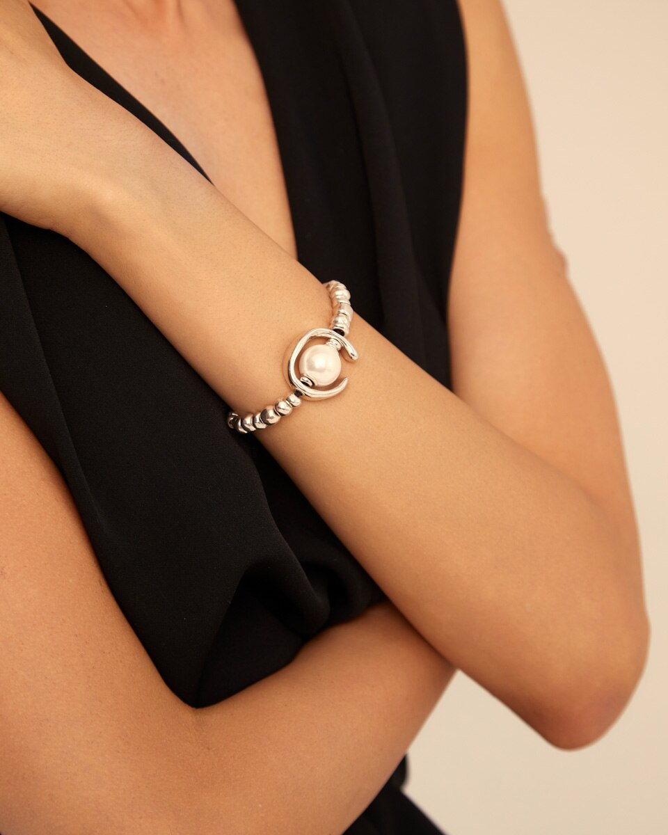 Pulseira Banhada em Prata de Lei com Pérola Prata-4