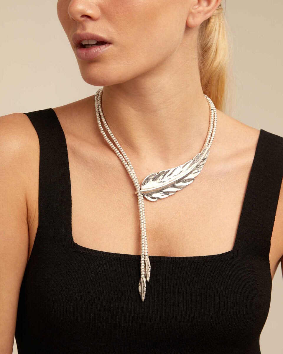 Colar Banhado em Prata de Lei Rematado em Pequenas Plumas Prata-5