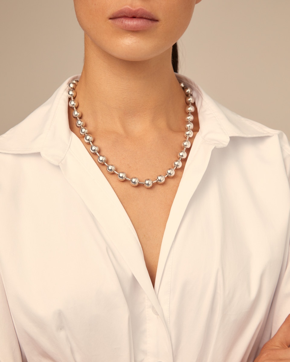 Colar Banhado em Prata de Lei com Contas Esféricas Prata-5