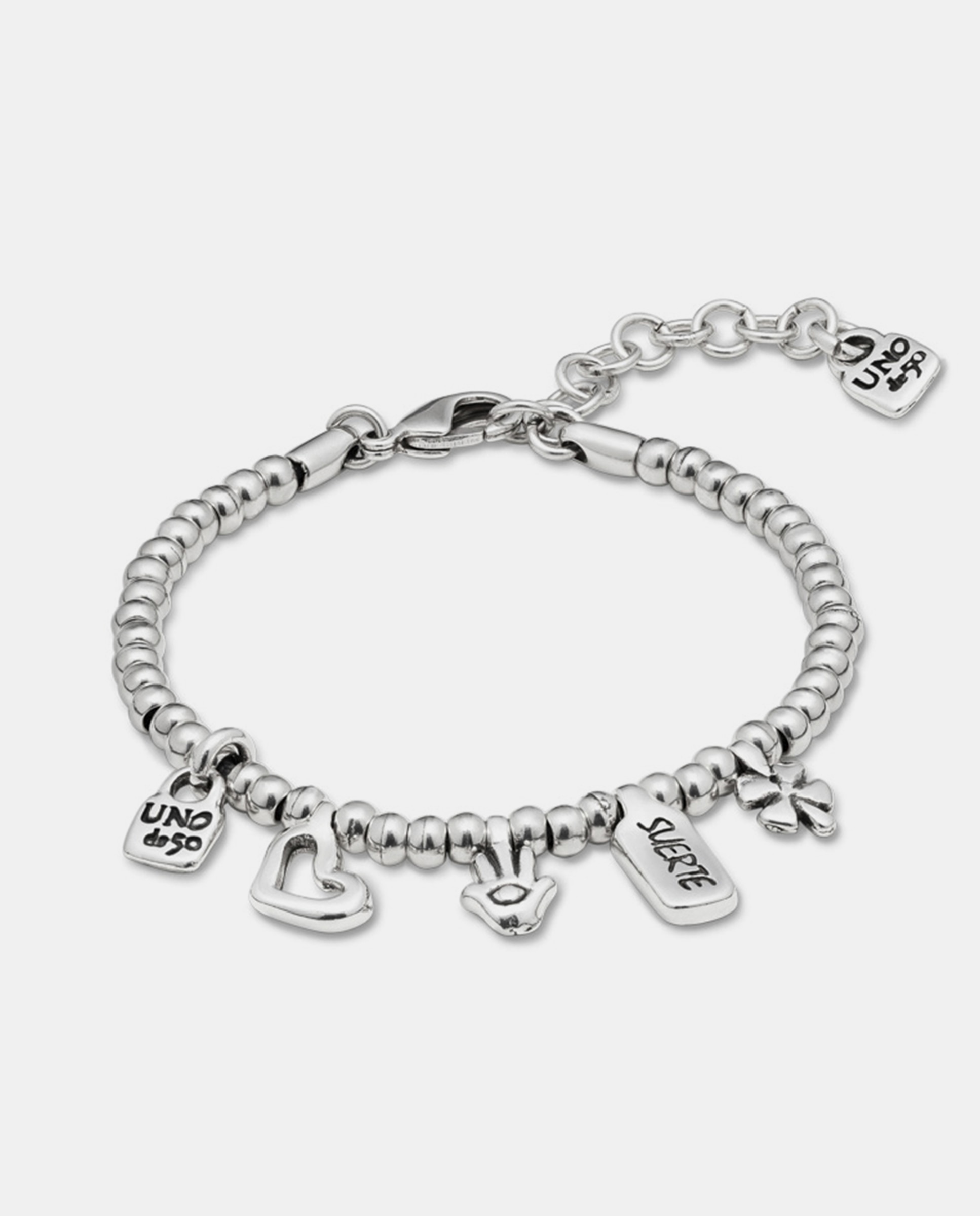 Pulseira Banhada em Prata de Lei com Charm Coração, Trevo e Mão Prata-1