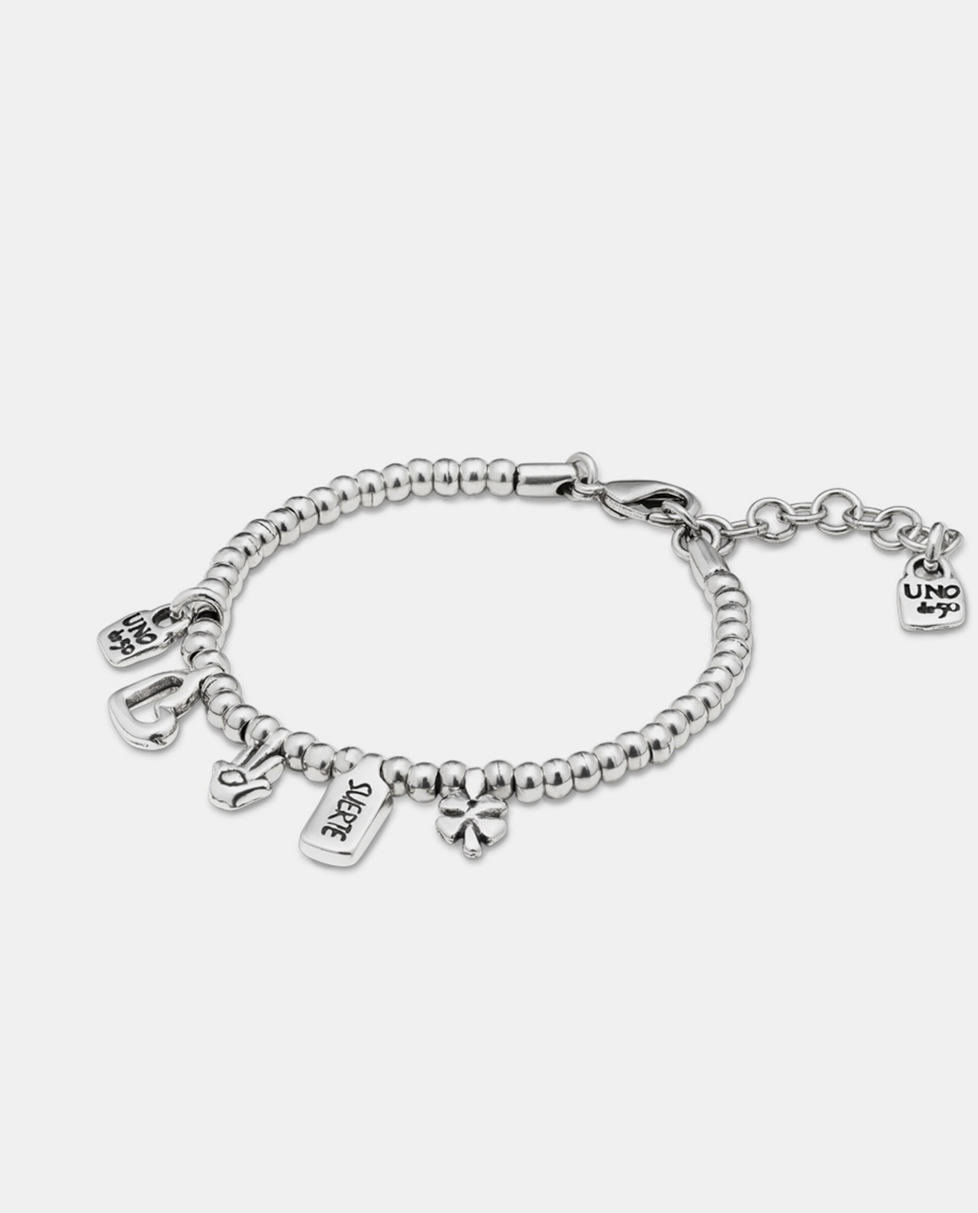 Pulseira Banhada em Prata de Lei com Charm Coração, Trevo e Mão Prata-3