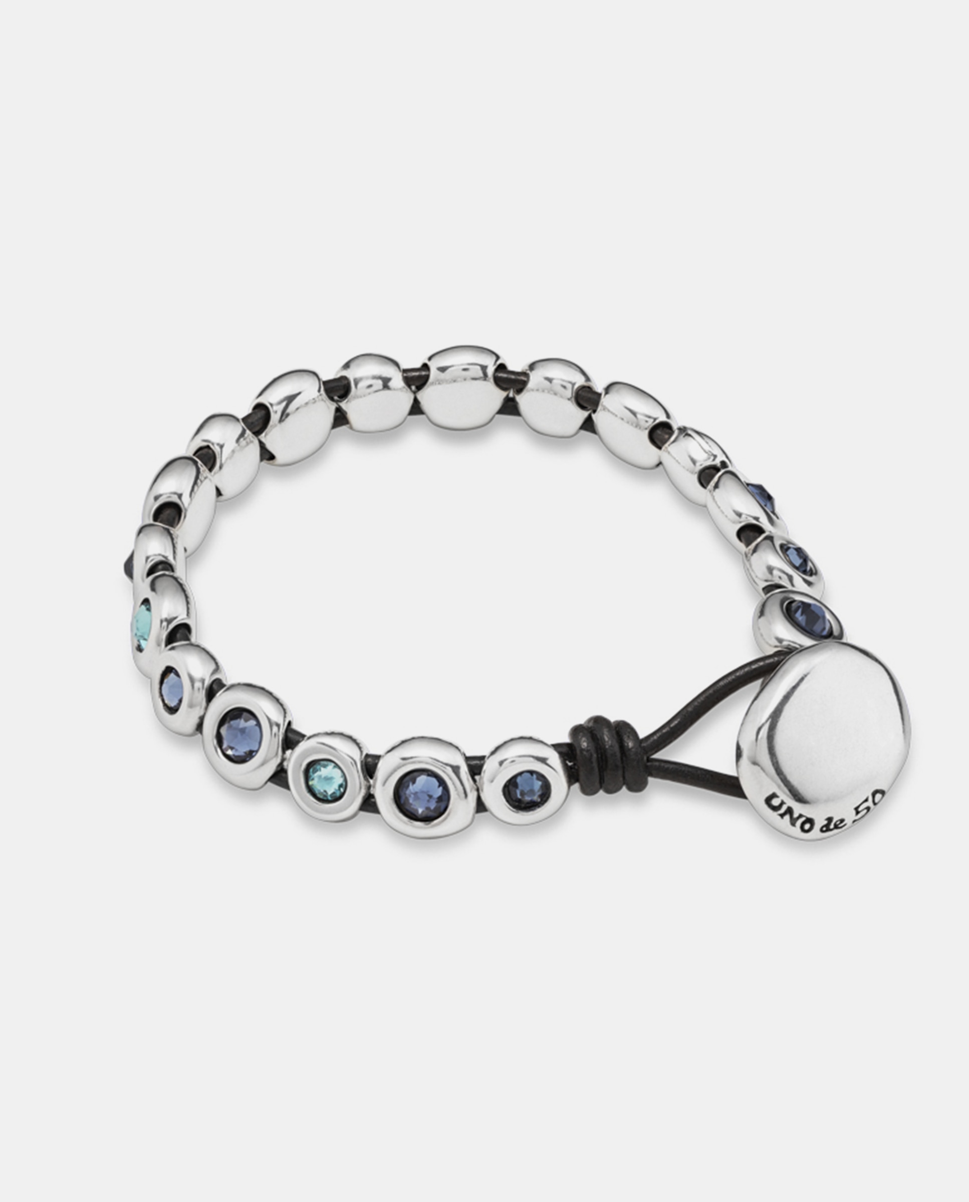 Pulseira de Couro Banhada a Prata de Lei com Cristais Prata-3