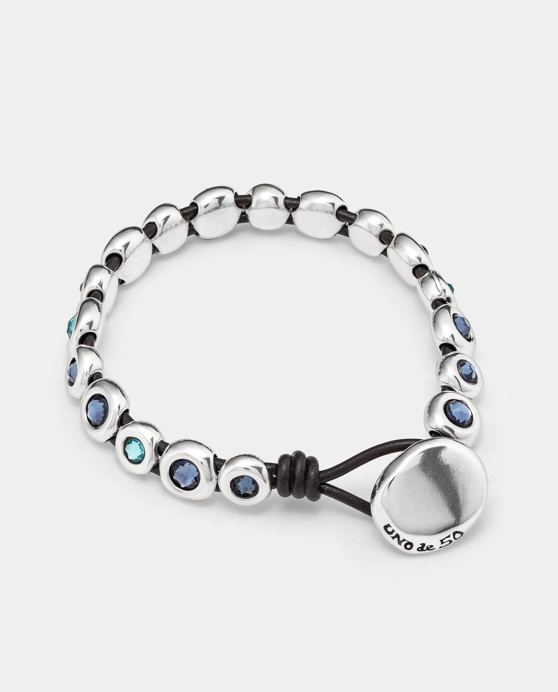 Pulseira de Couro Banhada a Prata de Lei com Cristais Prata-4