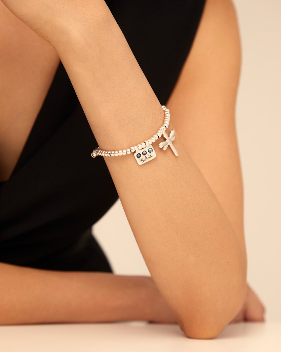 Pulseira Elástica Saúde Banhada em Prata de Lei e Cristal Prata-4